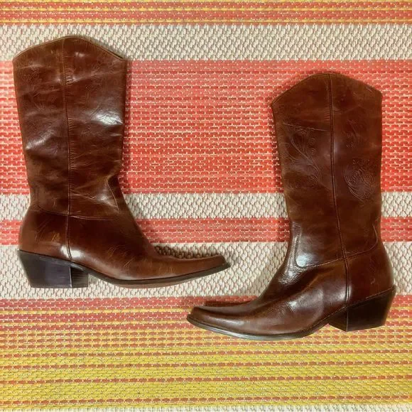 Leather Hand Stitched Mid Calf Western Boots Made In Brazil - Picture 2 of 13